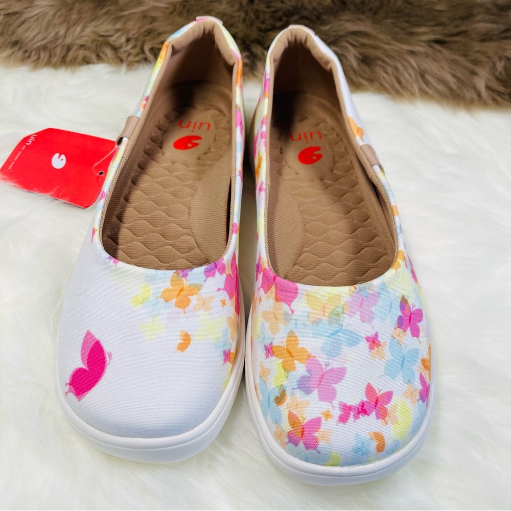 UIN White and Floral Multicolour Butterfly Flats | Brand New in Box